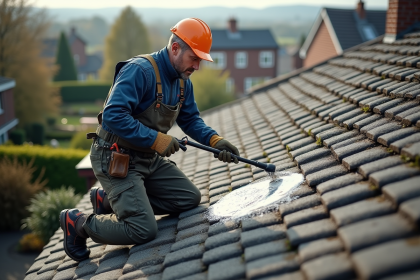 Ouvrier nettoyant un toit en tuiles avec un nettoyeur haute pression
