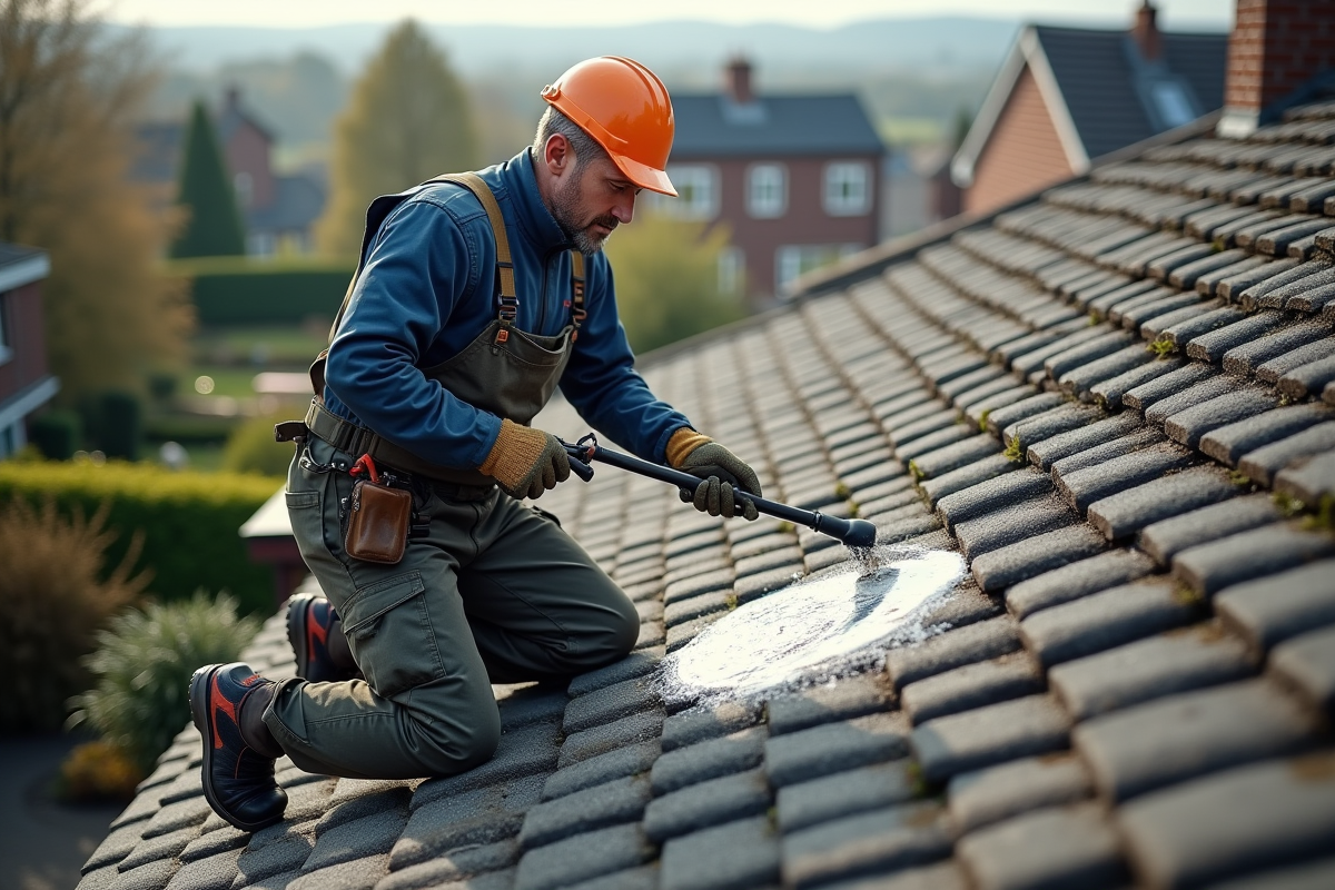 Ouvrier nettoyant un toit en tuiles avec un nettoyeur haute pression