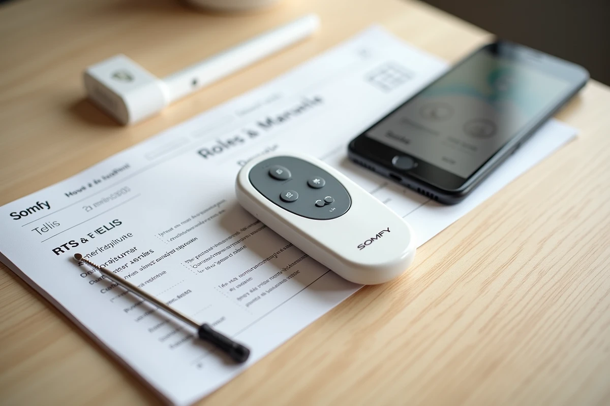 Vue de dessus d'une télécommande Somfy RTS, d'une notice de programmation et d'un smartphone sur une table en bois