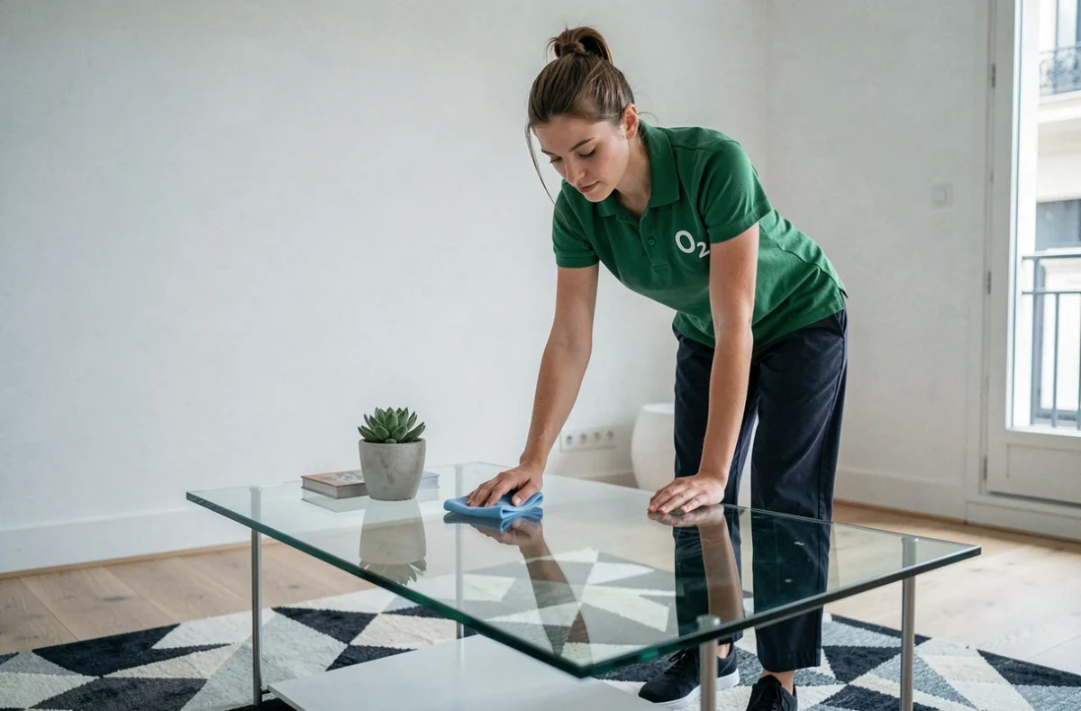 Employée d'O2 Care Services Saint-Étienne nettoyant un appartement moderne avec soin
