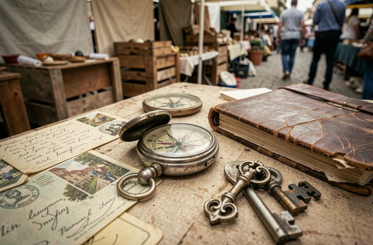 Gros plan sur des objets de brocante vintage — montre de poche ancienne, vieilles cartes postales et clés décoratives sur une table de marché