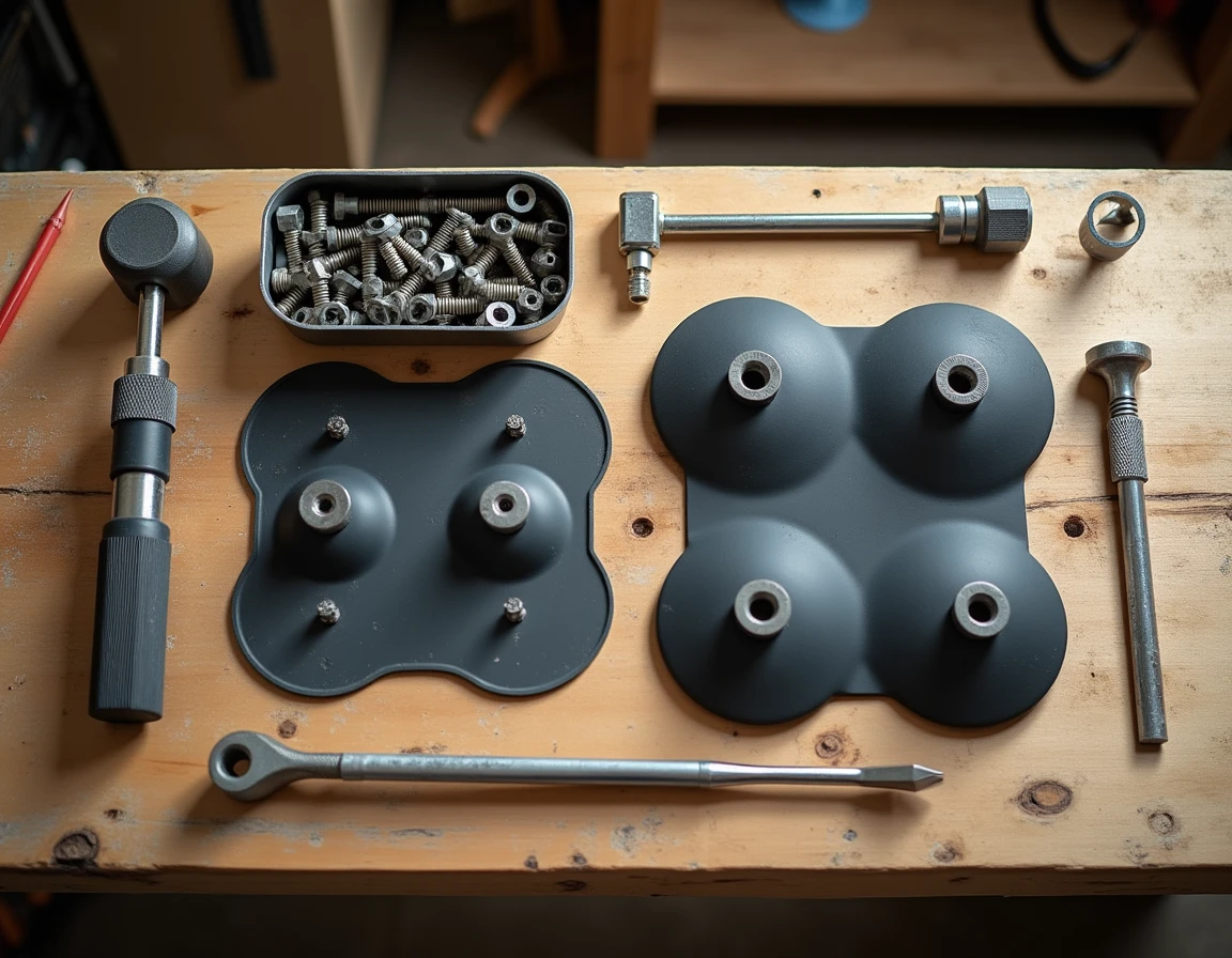 Vue &agrave; plat des outils et accessoires n&eacute;cessaires pour poser des pieds de radiateur fonte sur un &eacute;tabli d'atelier