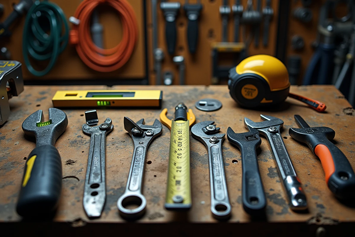 Assortiment d'outils de construction professionnels usag&eacute;s pos&eacute;s sur un &eacute;tabli en bois dans un atelier de chantier