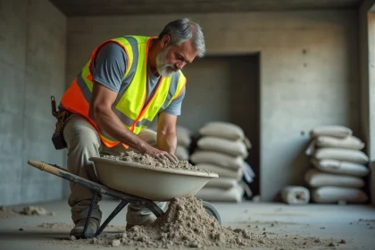 Ouvrier en safety vest mélangeant sable et ciment sur un chantier