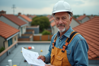 Ouvrier en tenue de sécurité examine des plans sur un toit en rénovation