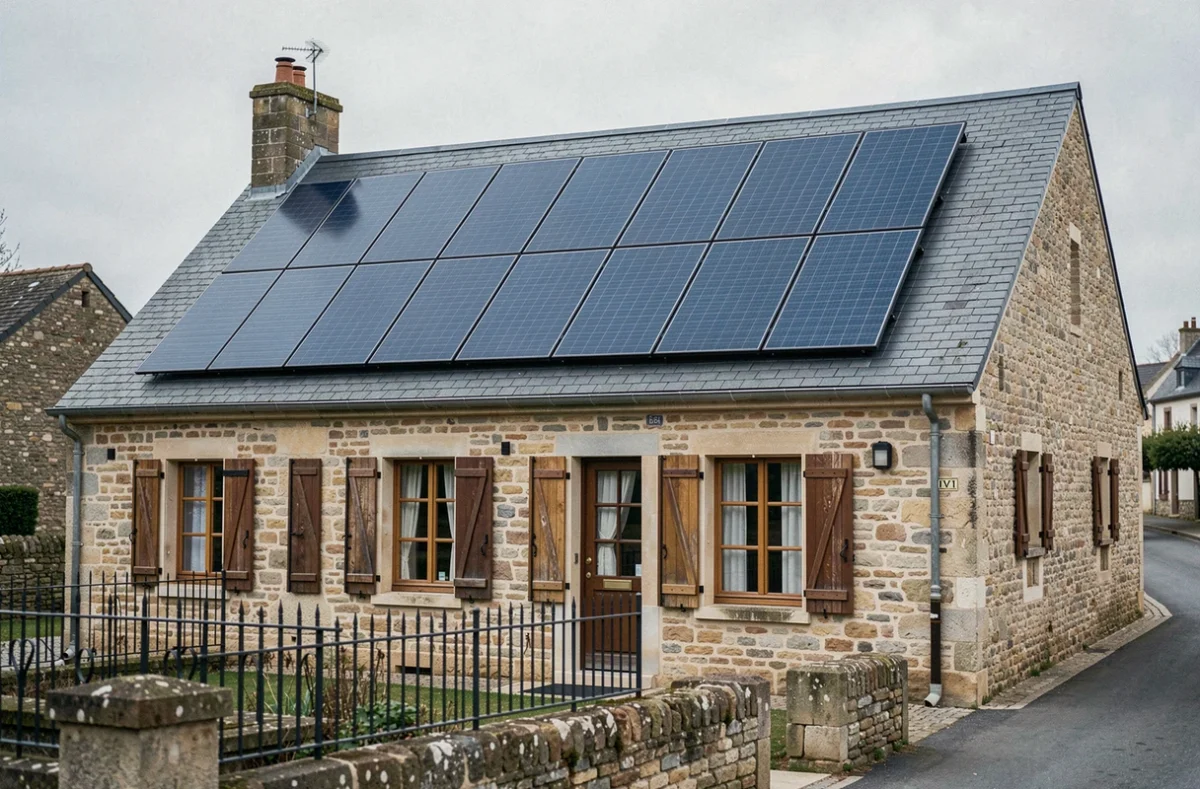 Rangées de panneaux solaires intégrés sur le toit en ardoise d'une maison en pierre de style traditionnel français