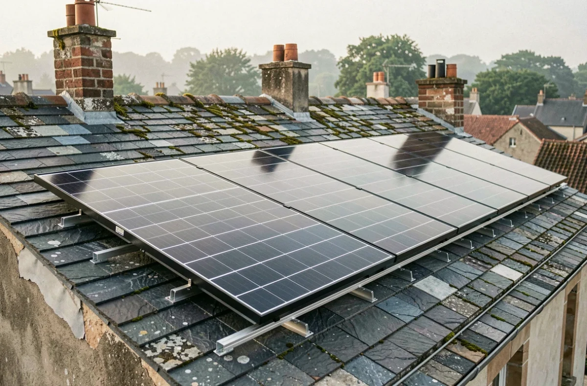 Vue d'ensemble de panneaux solaires montés sur toiture en ardoise avec rails et fixations intégrés sur maison française
