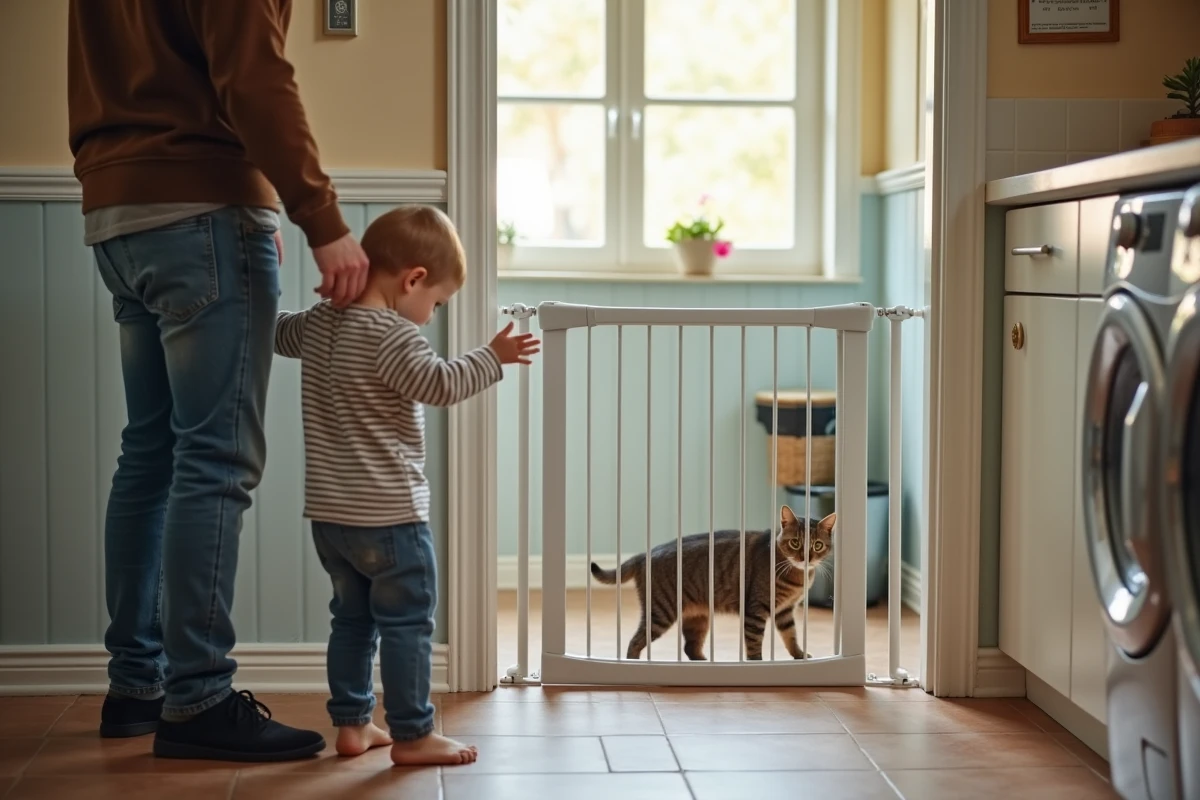 Papa utilise une barri&egrave;re de s&eacute;curit&eacute; pour prot&eacute;ger le gar&ccedil;on et le chat