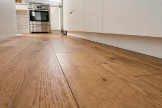 Parquet en chêne à larges lames avec finition mat satiné dans une cuisine moderne au style scandinave
