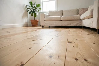 Parquet massif en pin à larges lames avec finition mate dans un salon scandinave lumineux