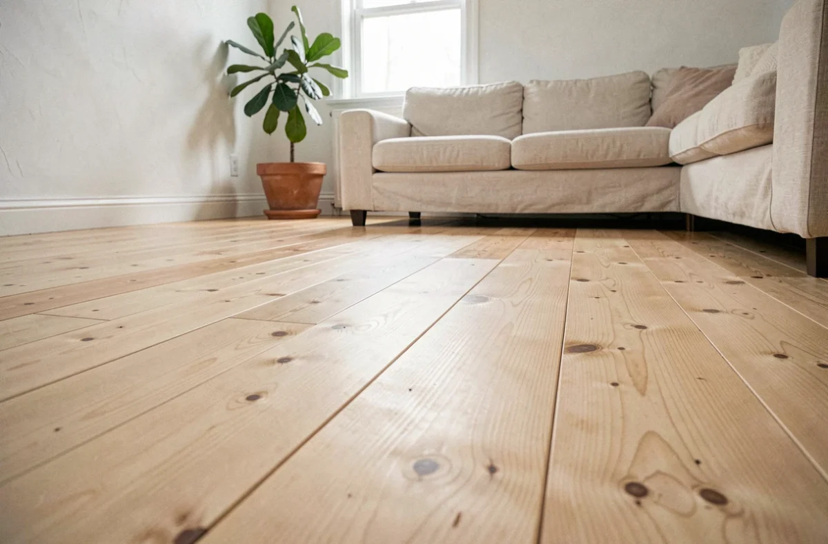 Parquet massif en pin à larges lames avec finition mate dans un salon scandinave lumineux