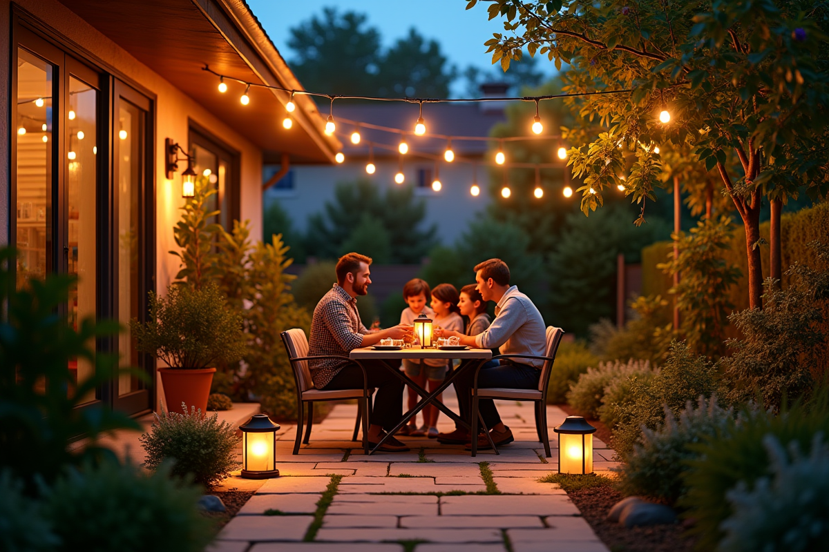 Coin patio chaleureux avec lumières et famille
