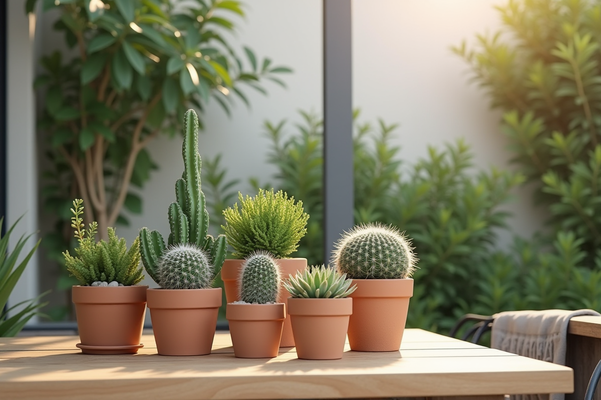 Patio moderne avec plantes succulentes en pot sur une table en bois