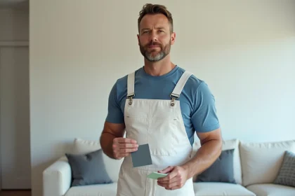 Peintre homme en tenue blanche dans un salon rénové