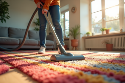 Personne aspirant un tapis berbere coloré dans un salon lumineux