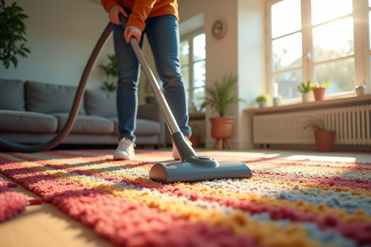 Personne aspirant un tapis berbere coloré dans un salon lumineux