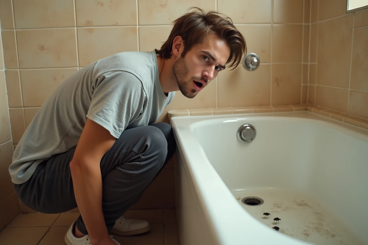 Personne découvrant des mouches à drains près de la baignoire dans une salle de bain domestique