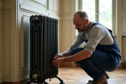 Artisan fixant un pied de radiateur en fonte sur un parquet ancien dans un appartement haussmannien