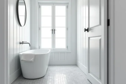Salle de bain rénovée avec des plaques PVC blanches du sol au plafond et baignoire céramique autoportante