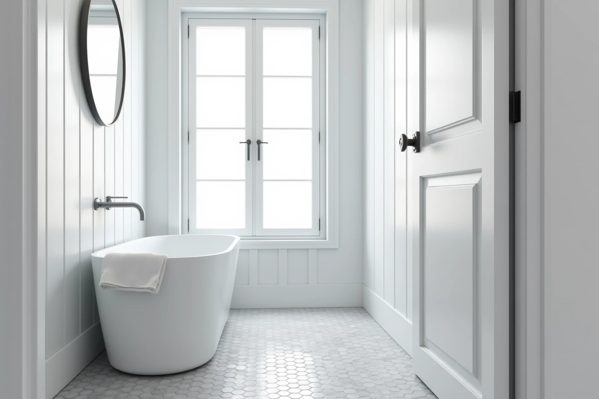 Salle de bain rénovée avec des plaques PVC blanches du sol au plafond et baignoire céramique autoportante