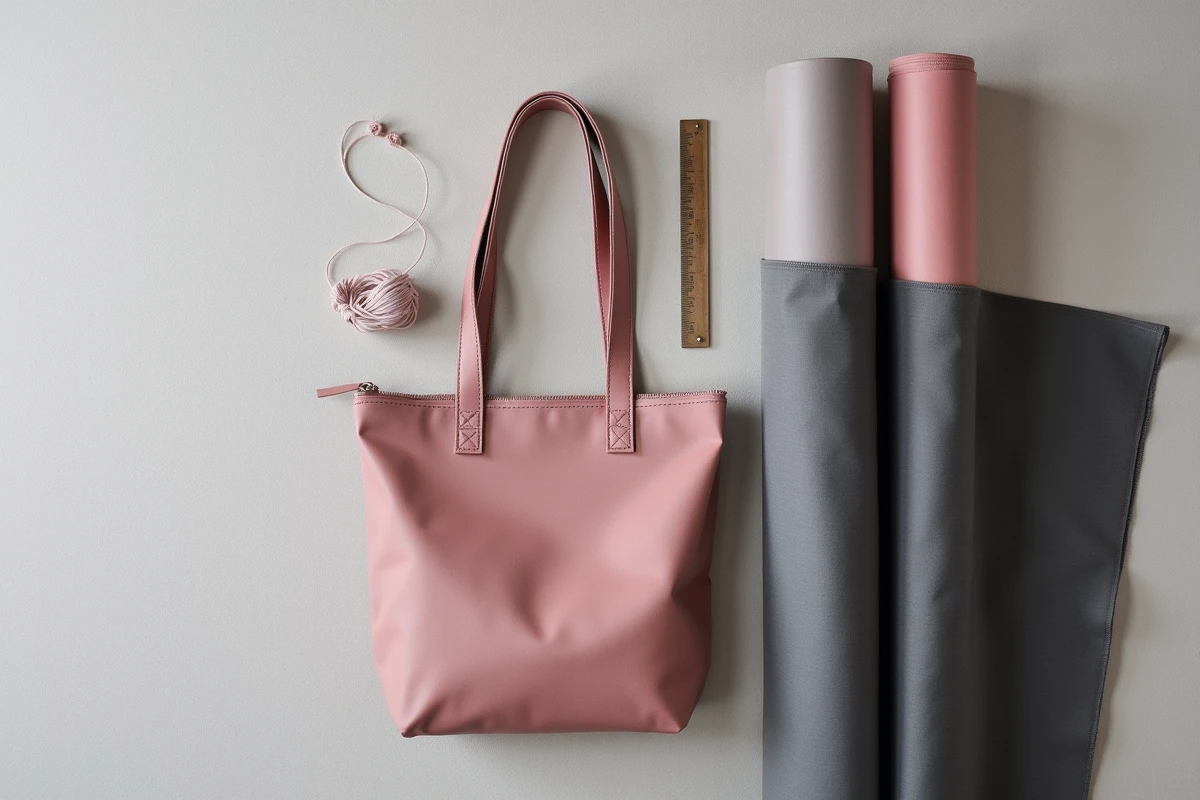 Pochette et tote bag cousus en tissu coton enduit présentés avec un rouleau de tissu et une règle métallique sur fond gris lin