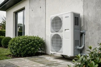 Unité extérieure d'une pompe à chaleur air eau installée sur la façade d'une maison résidentielle moderne
