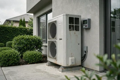 Pompe à chaleur air-air installée sur la façade extérieure d'une maison moderne avec jardin