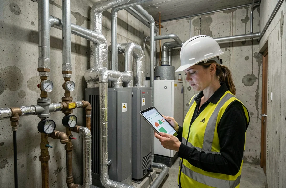 Ingénieure consultant les données de performance d'une pompe à chaleur haute température dans une chaufferie
