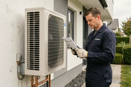Technicien inspectant une pompe à chaleur haute température installée sur la façade extérieure d'une maison