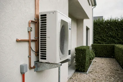Pompe à chaleur Hitachi installée sur la façade extérieure d'une maison résidentielle française contemporaine