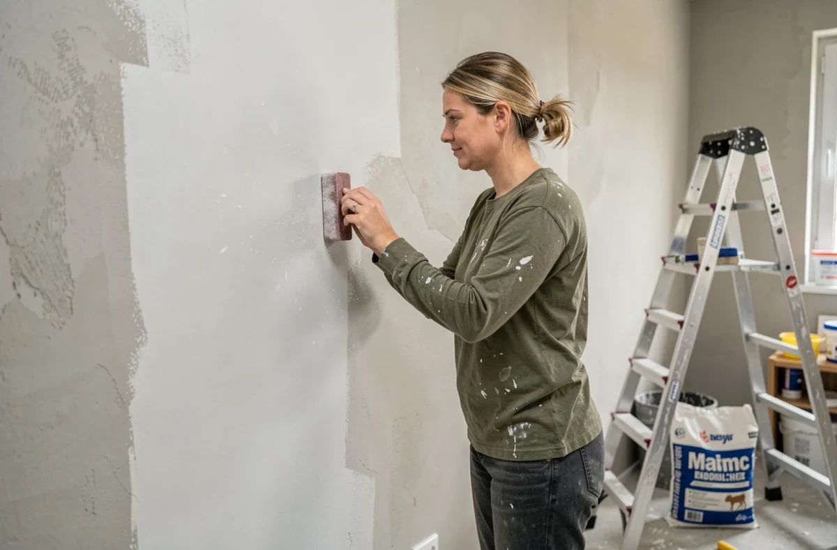 Femme ponçant un enduit map séché sur un mur en préparation avant peinture