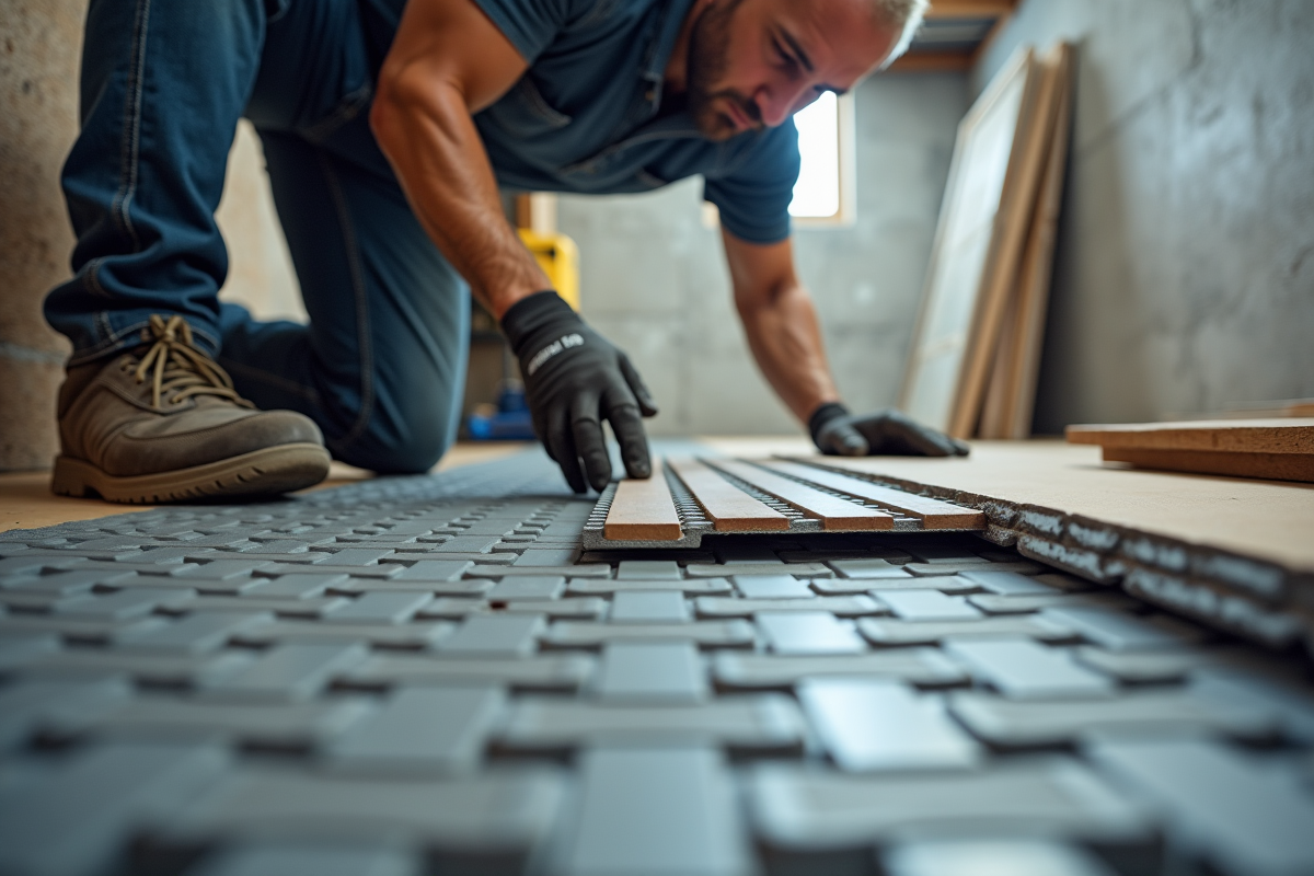 Installation de carrelage étanche dans un sous-sol en rénovation