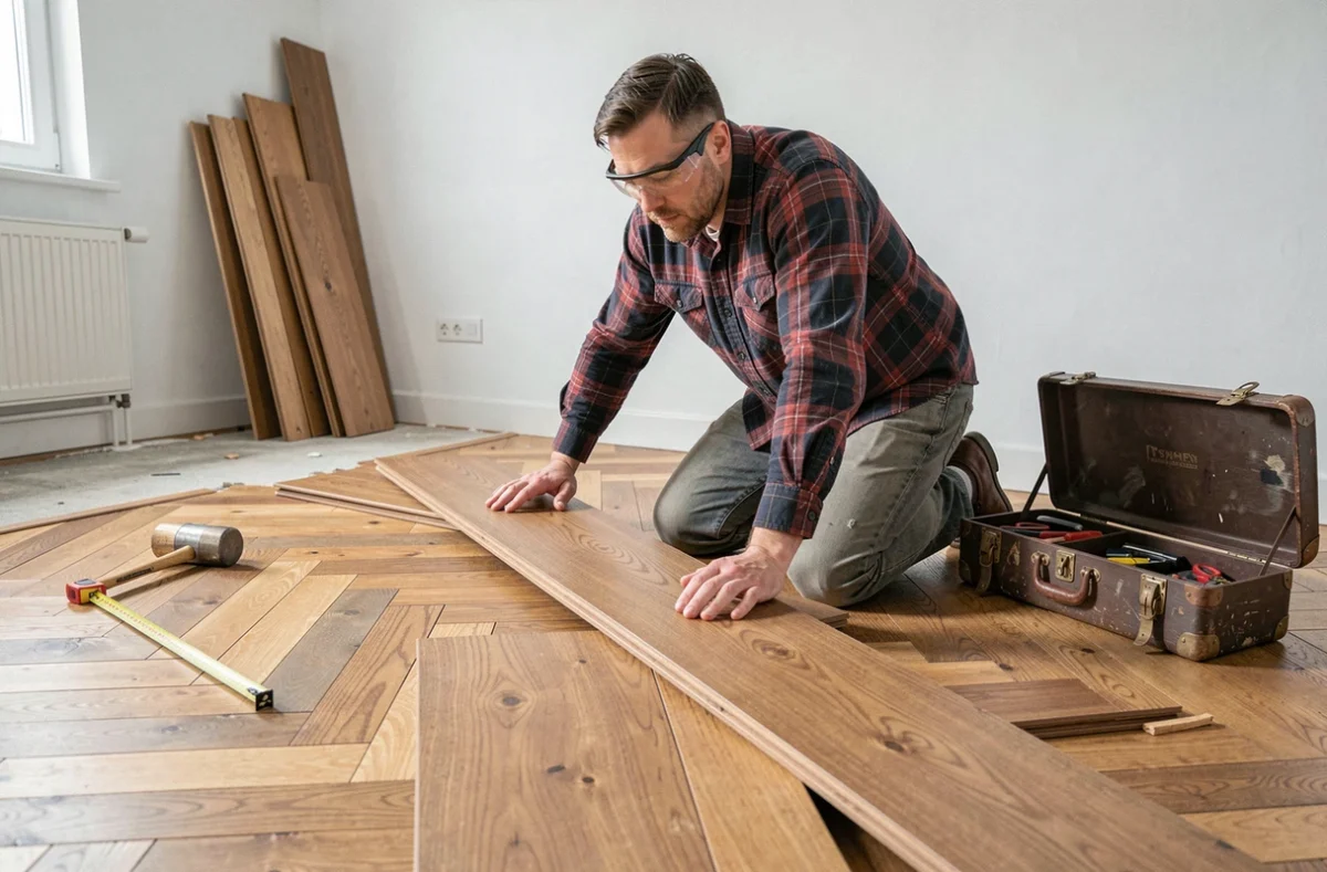 Homme posant un parquet en bois dans un salon lors de travaux de rénovation maison