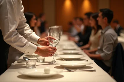 Serveur professionnel plaçant un verre à vin en cristal sur une table de buffet élégante avec nappe ivoire
