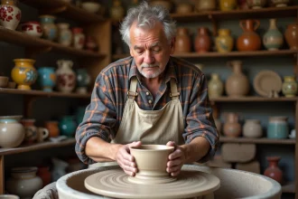 Potier alsacien façonnant une pièce en argile dans son atelier