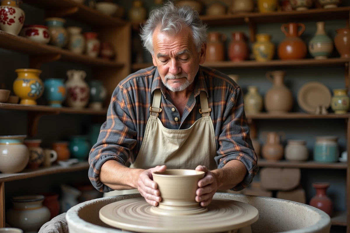 Potier alsacien façonnant une pièce en argile dans son atelier