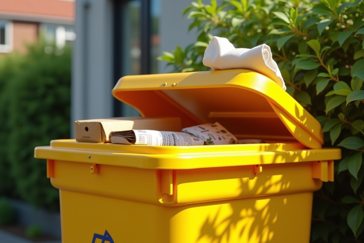 Poubelle jaune de recyclage ouverte avec emballages et sopalin