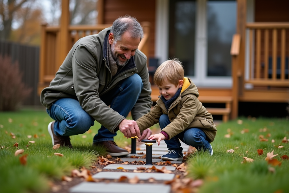 Père et enfant installant des lumières solaires dans le jardin