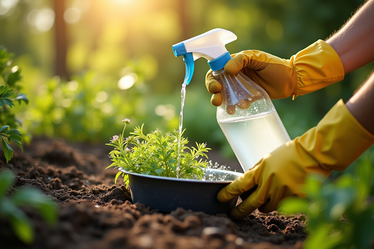 Personne mélangeant liquide vaisselle et anti-mauvaises herbes