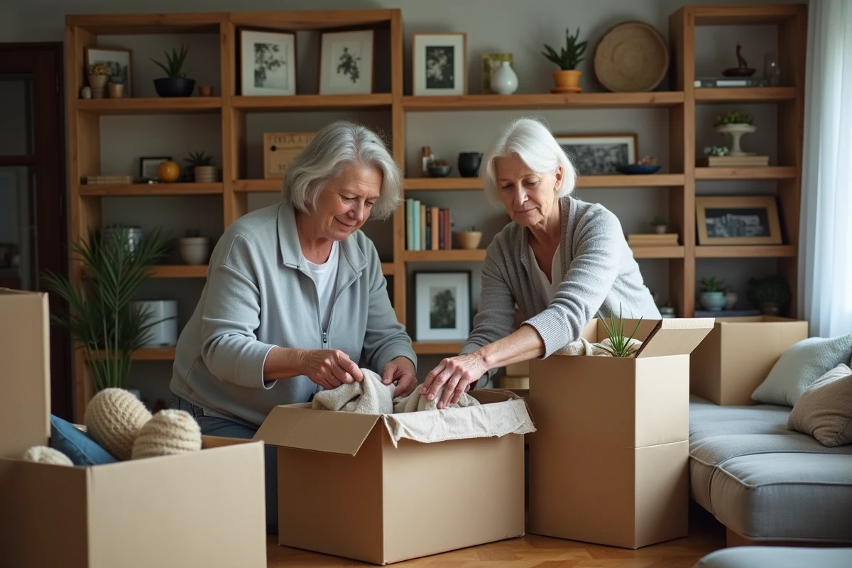 Couple préparant des cartons d'objets à vendre pour un vide grenier dans leur intérieur à Montpellier