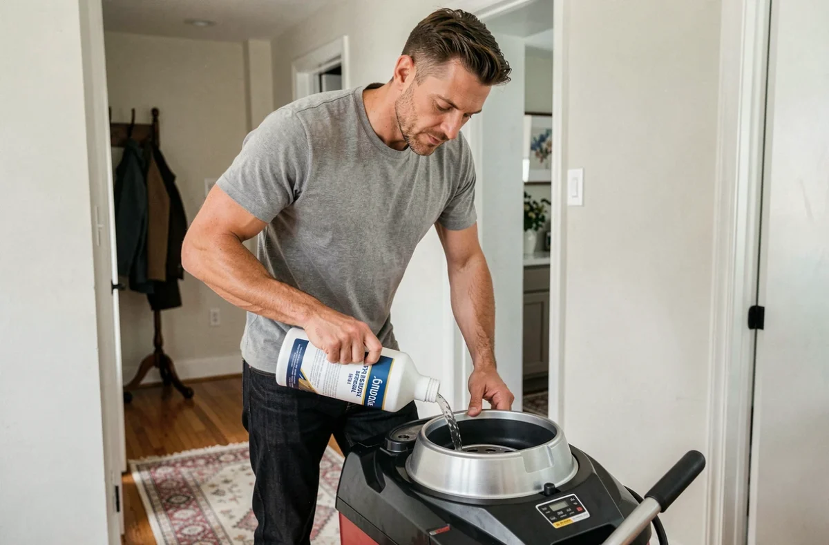 Homme versant un produit nettoyant dans une shampouineuse pour traiter les auréoles sur tapis