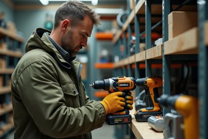 Professionnel du bâtiment évaluant une perceuse sans fil dans un magasin de matériel de construction professionnel