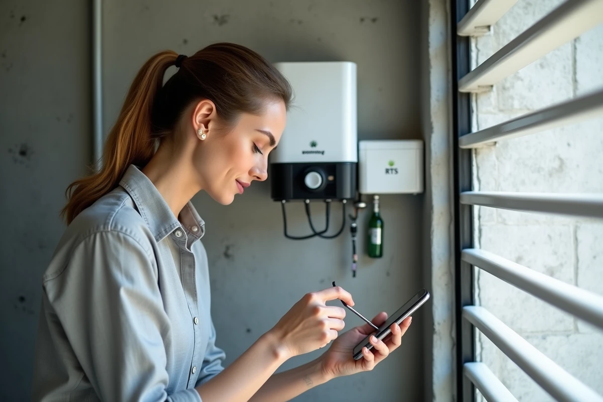Femme en train de programmer un moteur Somfy RTS en appuyant sur le bouton de programmation avec un outil fin