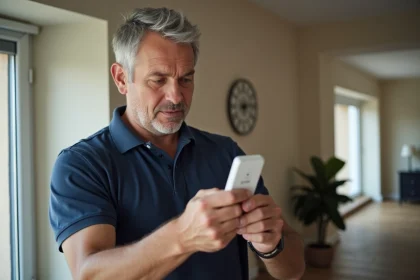 Homme examinant une télécommande Somfy RTS dans un salon avec volet roulant visible en arrière-plan