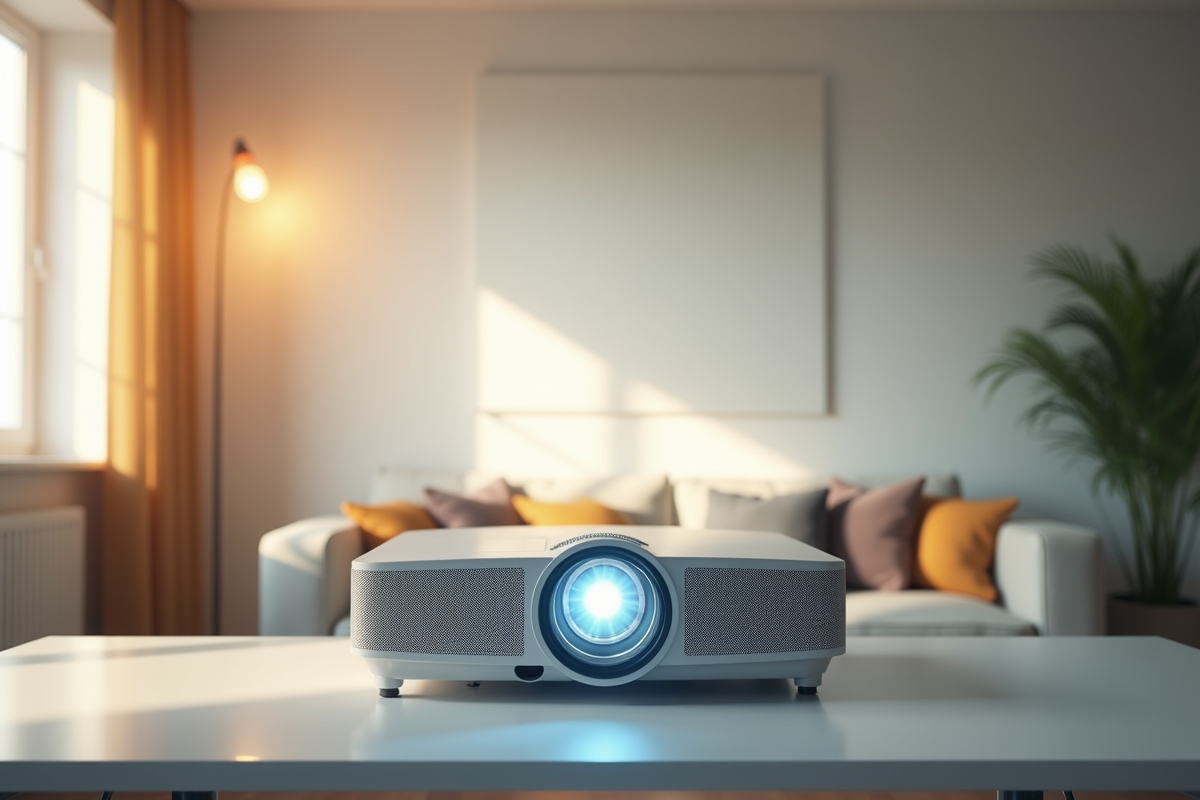 Projecteur 1000 lumens projetant une image vive dans un salon lumineux