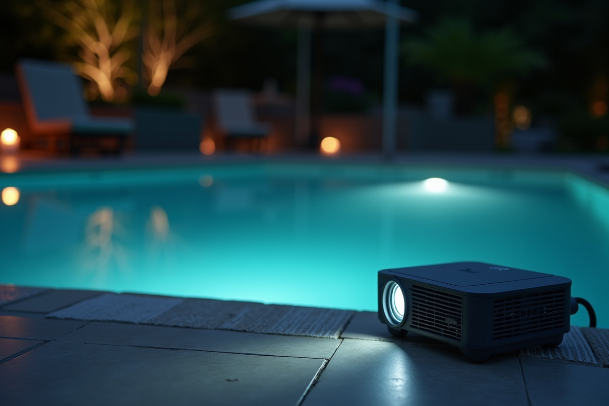 Gros plan d’un projecteur illuminant la piscine la nuit avec reflets