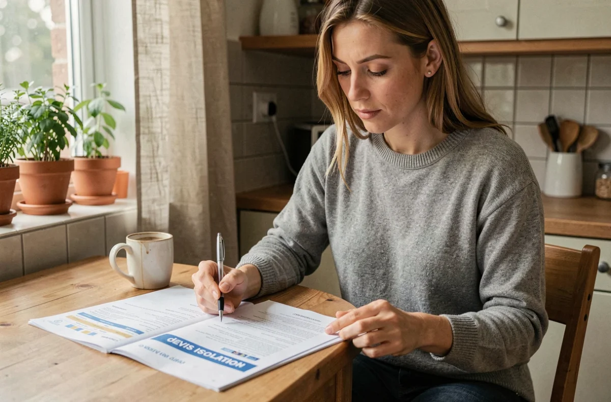 Propriétaire étudiant un devis d'isolation thermique avant de signer un contrat de rénovation