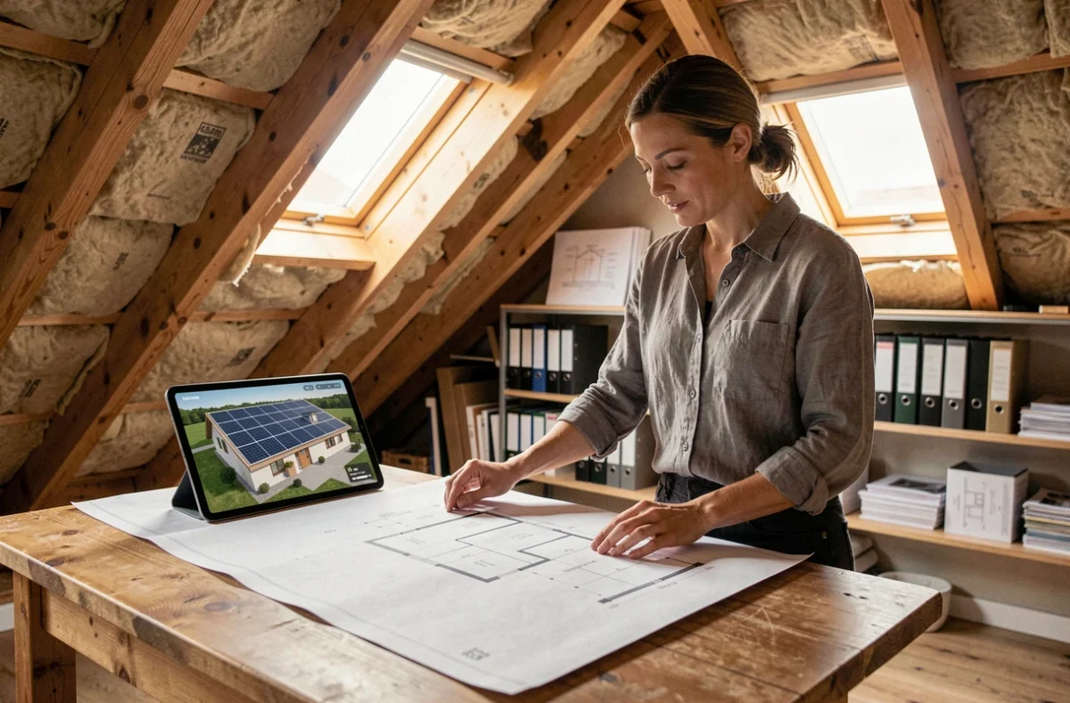 Propriétaire étudiant les plans d'installation de panneaux solaires dans son grenier avec documentation technique