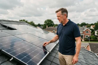 Propriétaire examinant des panneaux solaires installés sur le toit de sa maison individuelle