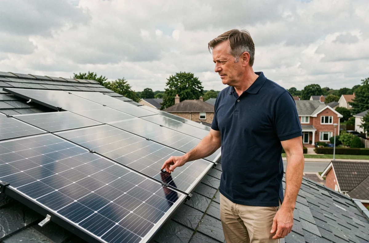 Propriétaire examinant des panneaux solaires installés sur le toit de sa maison individuelle